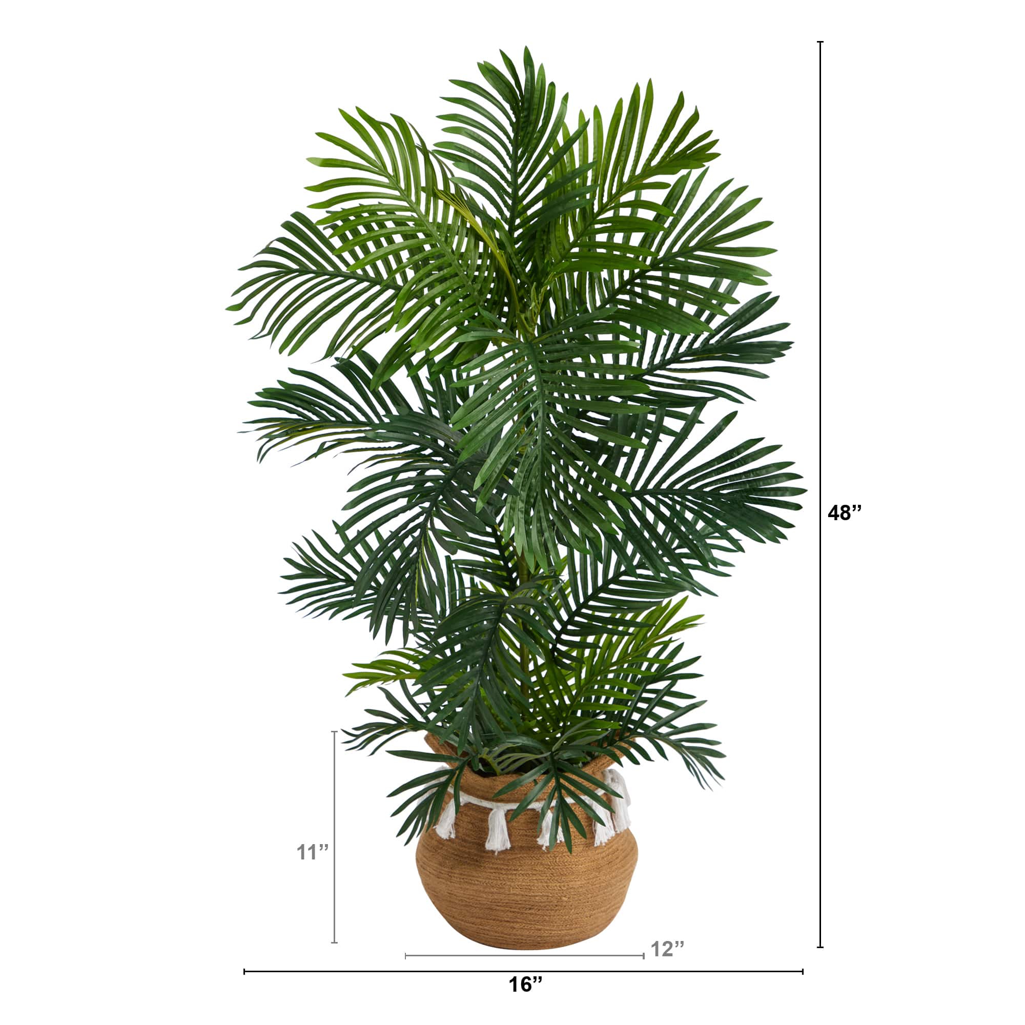 4ft. Areca Artificial Palm Tree in Boho Chic Handmade Natural Cotton Woven Planter with Tassels UV Resistant (Indoor/Outdoor)